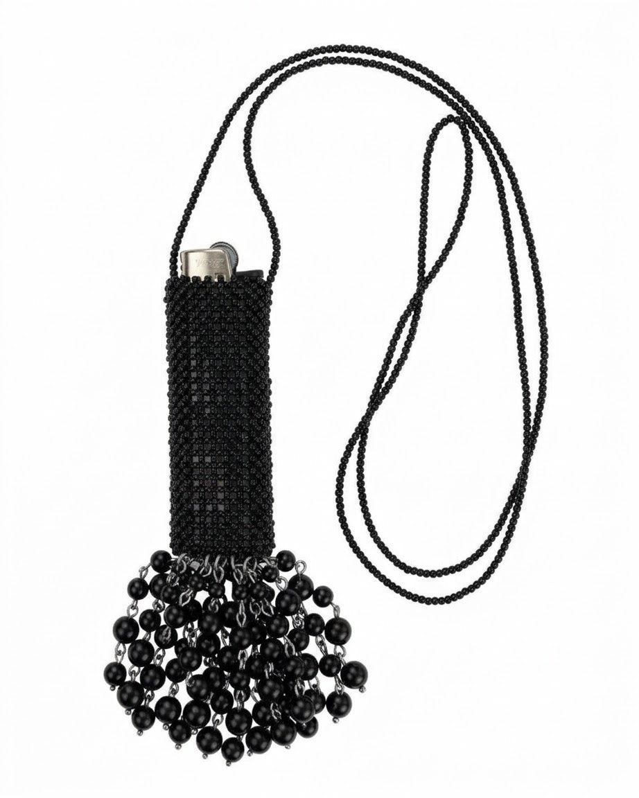 Beaded Lighter Case Necklace with Black Onyx Tassel