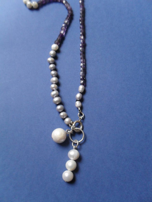 Pearls, silver, amethyst, black onyx, ruby Necklace