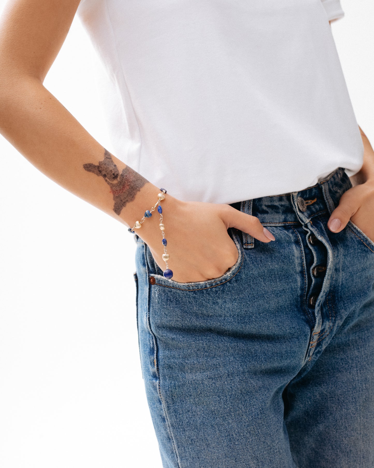 Lapis Lazuli and Silver Hearts Bracelet