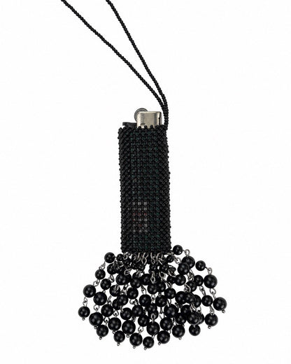 Beaded Lighter Case Necklace with Black Onyx Tassel