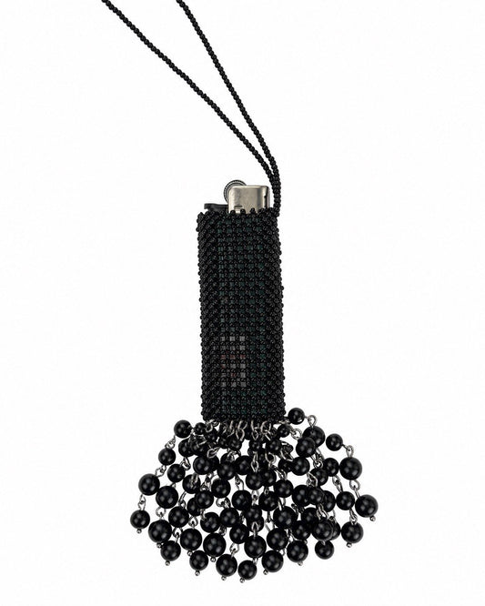 Beaded Lighter Case Necklace with Black Onyx Tassel