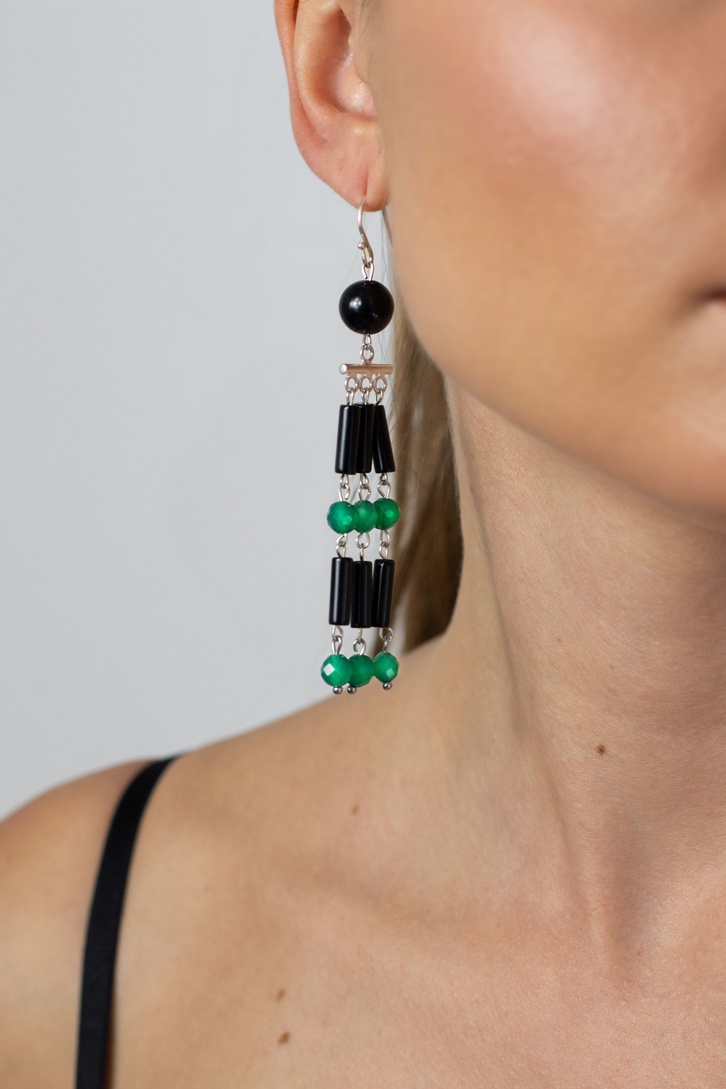 Black onyx, green agate earrings