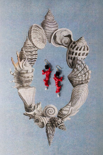 Coral black onyx pearls earrings