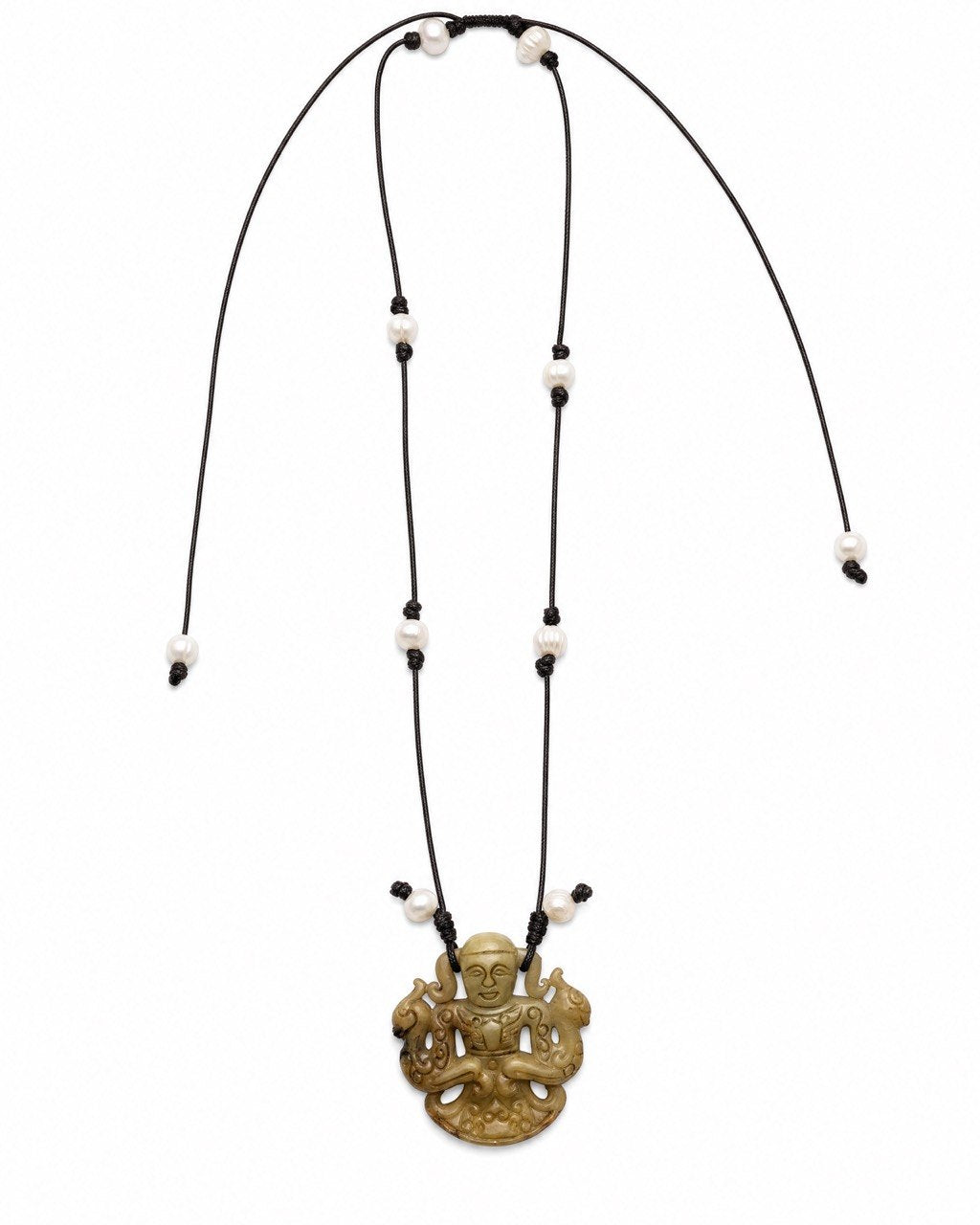 Carved Jadeite & Pearl Adjustable Cord Necklace
