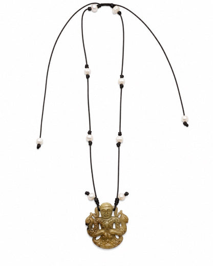 Carved Jadeite & Pearl Adjustable Cord Necklace