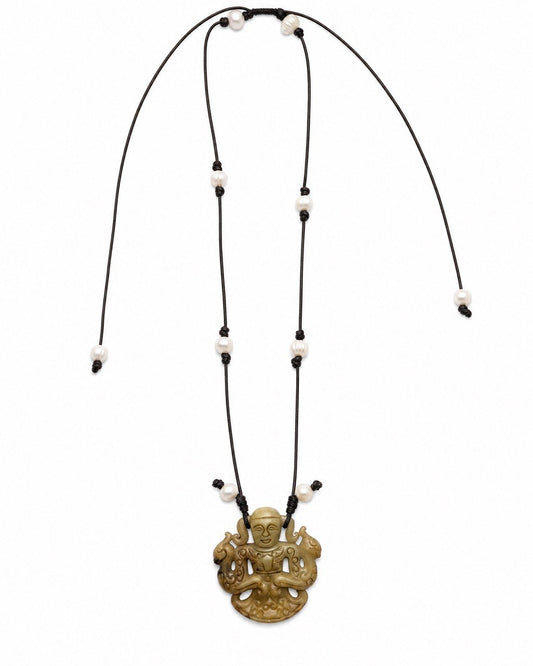 Carved Jadeite & Pearl Adjustable Cord Necklace