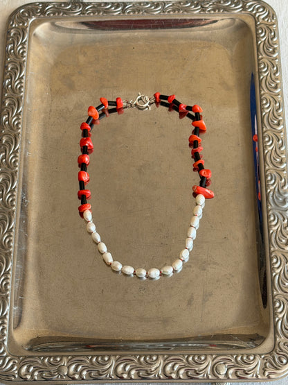 Pearl, onyx, coral necklace