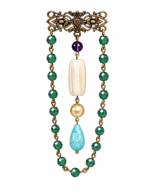 One-of-a-Kind Vintage Hungarian Agate & Pearl Dangle Brooch – Circa 1970s/80s