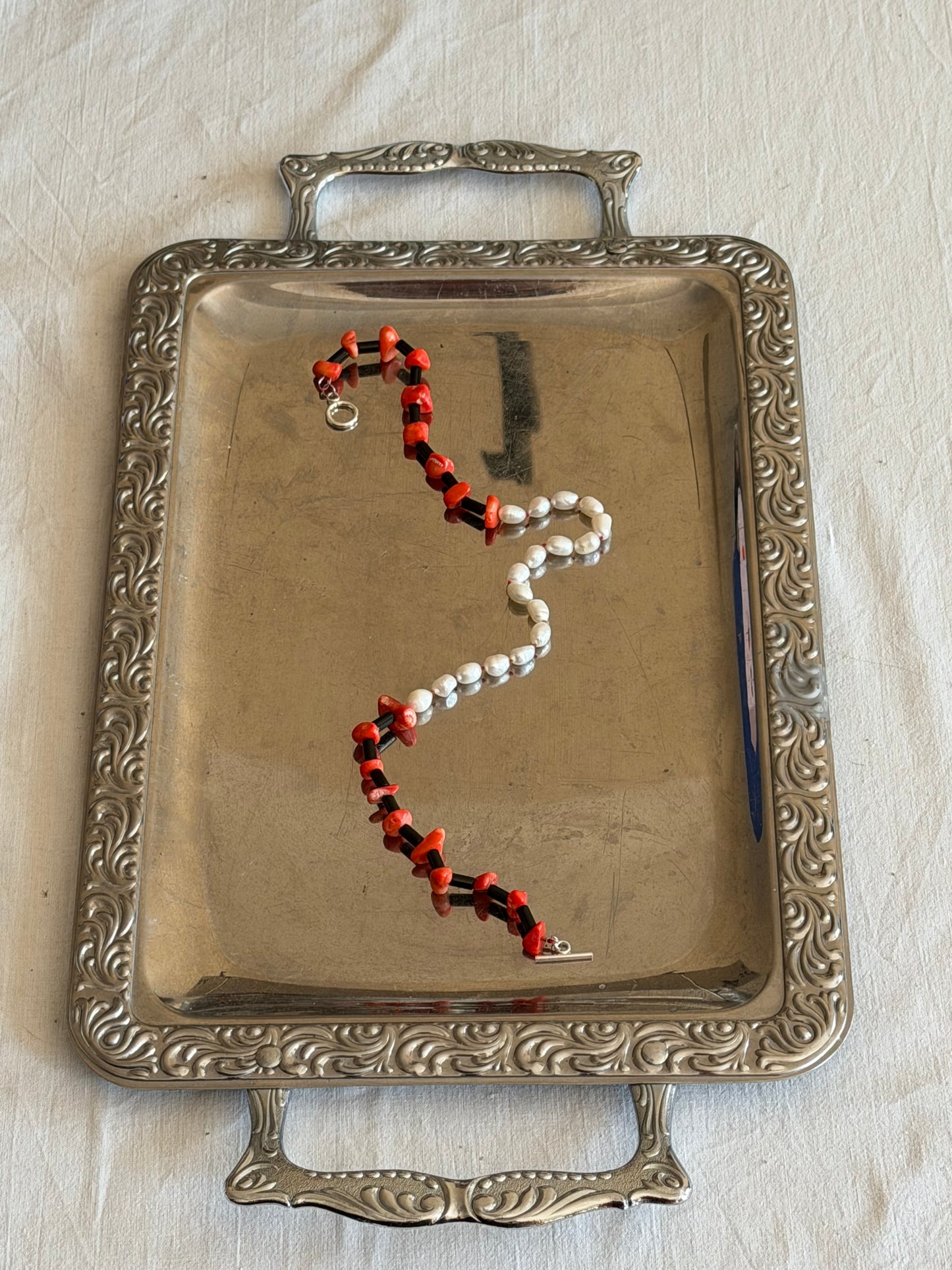 Pearl, onyx, coral necklace