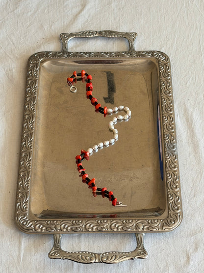 Pearl, onyx, coral necklace