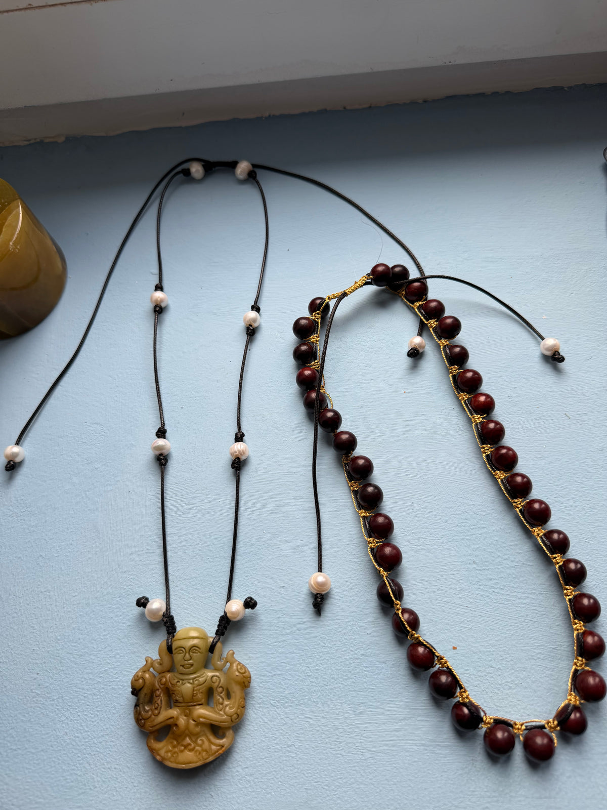 Carved Jadeite & Pearl Adjustable Cord Necklace
