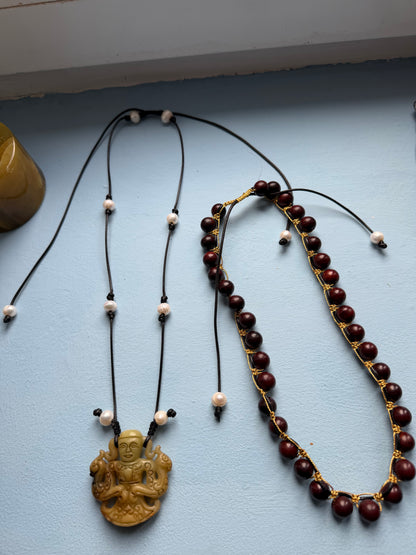 Carved Jadeite & Pearl Adjustable Cord Necklace
