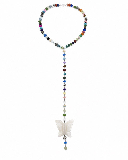 Multicolor Gemstone Lariat Necklace with Vintage Jasper Butterfly
