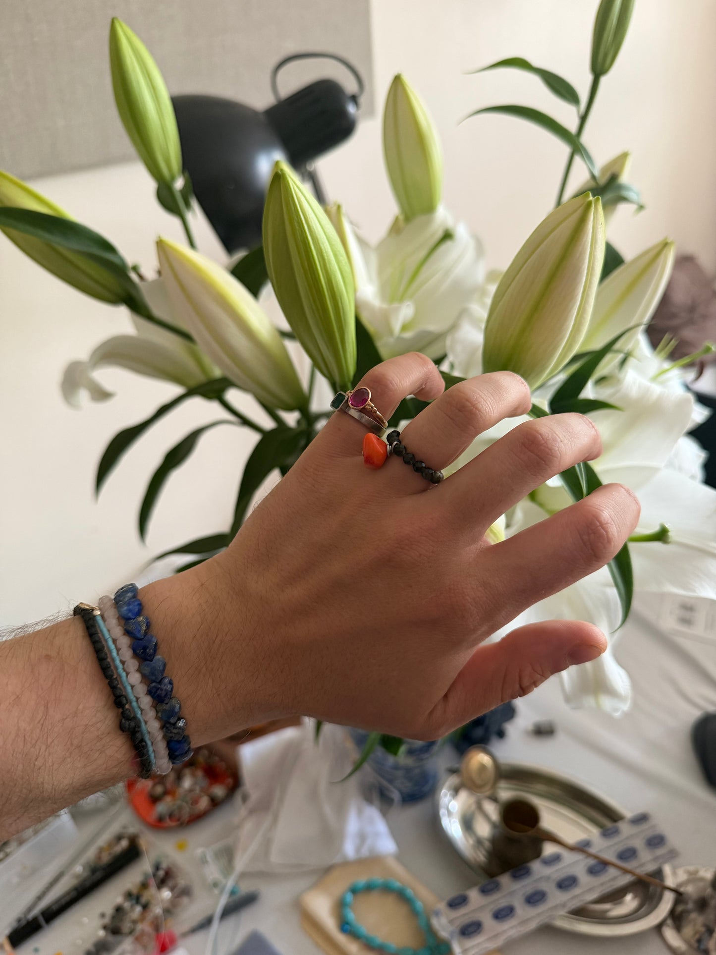 Coral black spinel ring
