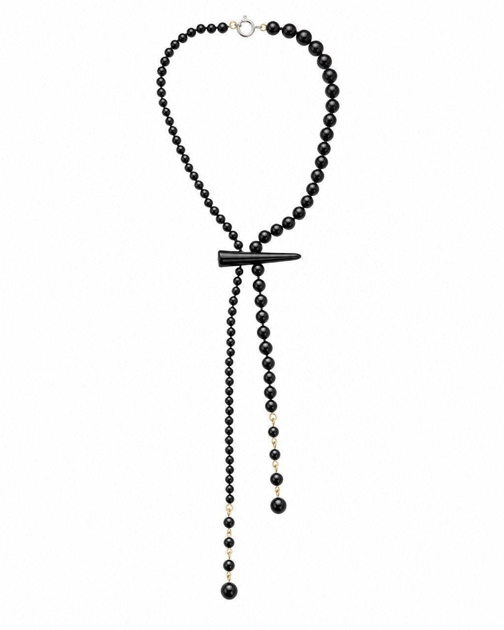 Black Onyx Lariat Necklace with Vintage Button Accent