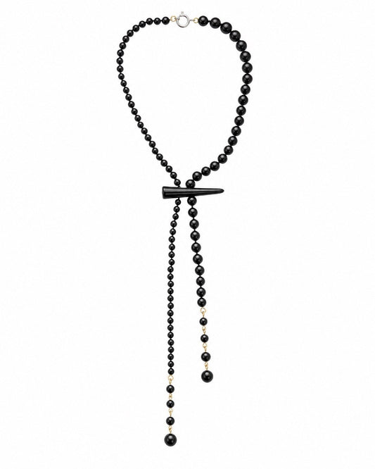 Black Onyx Lariat Necklace with Vintage Button Accent