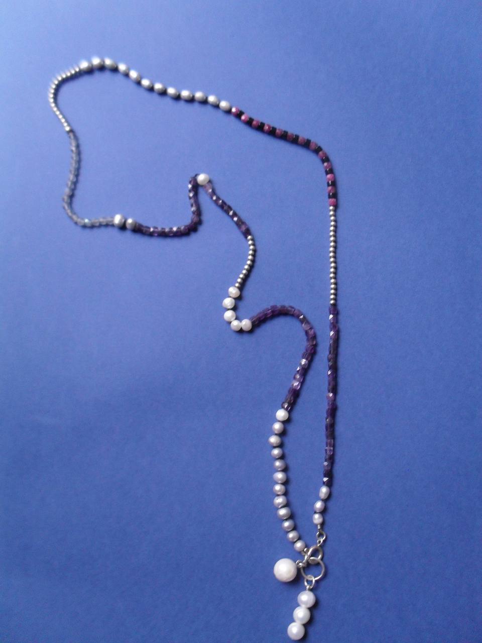 Pearls, silver, amethyst, black onyx, ruby  Necklace