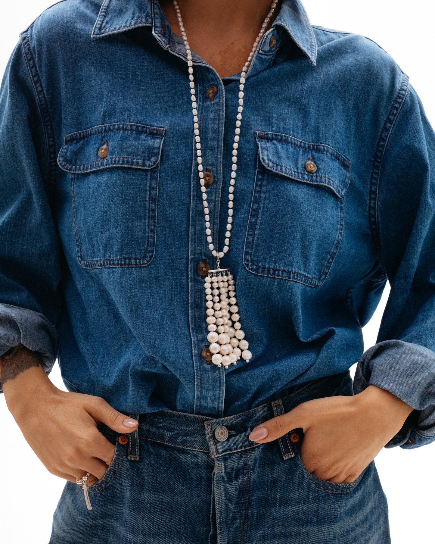 White Five-Strand Pearl Tassel